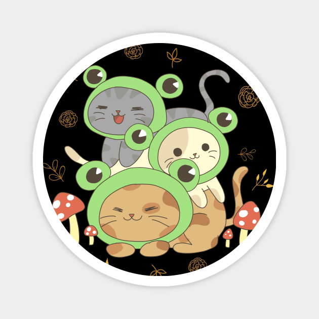 Cottagecore Aesthetic Kawaii Cat Pile In Frog Hat Magnet by Alex21